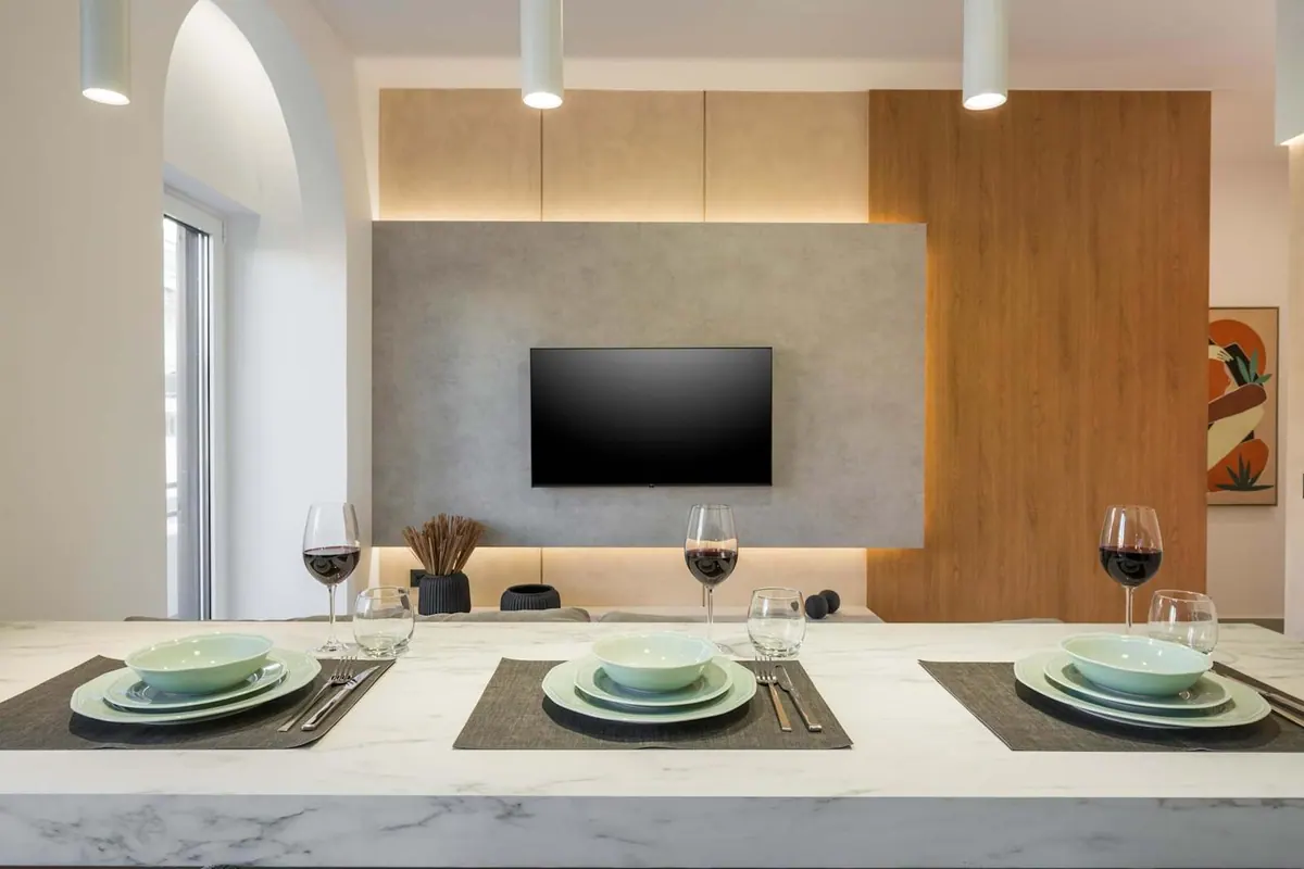 Marble kitchen island laid for dinner, Amara Local Experience, Chania