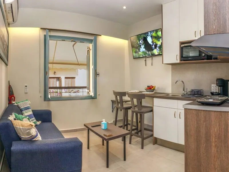 Open-plan living area and kitchen, Amara Porto Living Apartment 1, Chania Old Town