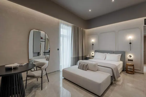Bedroom with dressing table and arched mirror, Amara Luxury Suite with Terrace, Chania