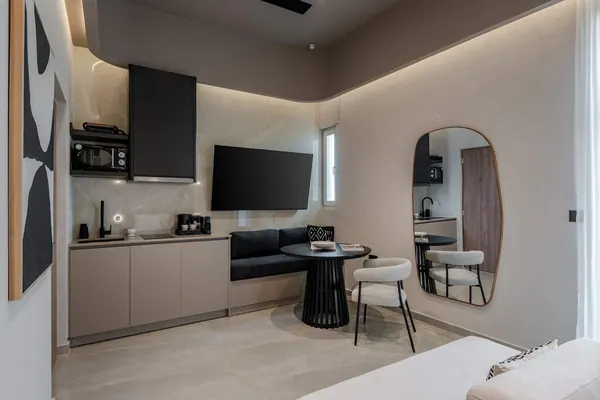 Kitchenette with microwave, espresso machine and TV, Amara Luxury Suite with Terrace