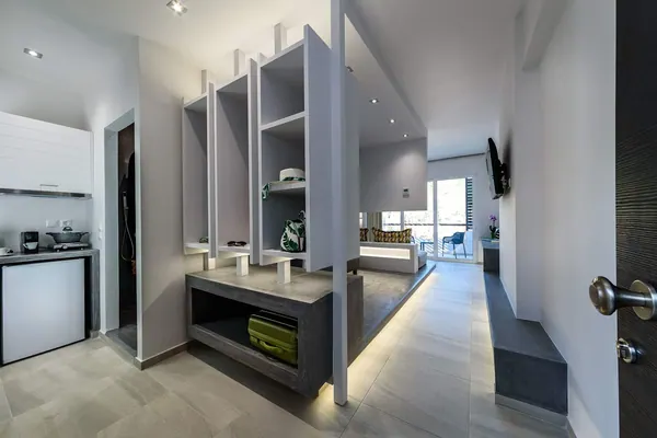 Hallway with kitchenette and open shelving, Solar Standard Apartment, Agia Marina