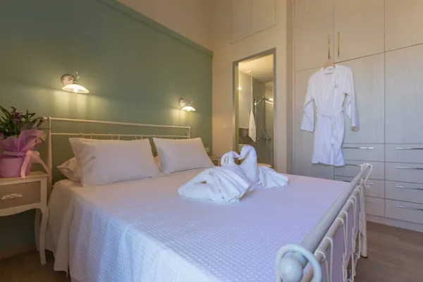 Bedroom with double bed and bathrobes, Villa Theta, Drapanias Crete