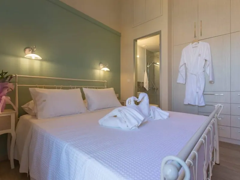 Bedroom with double bed and bathrobes, Villa Theta, Drapanias Crete